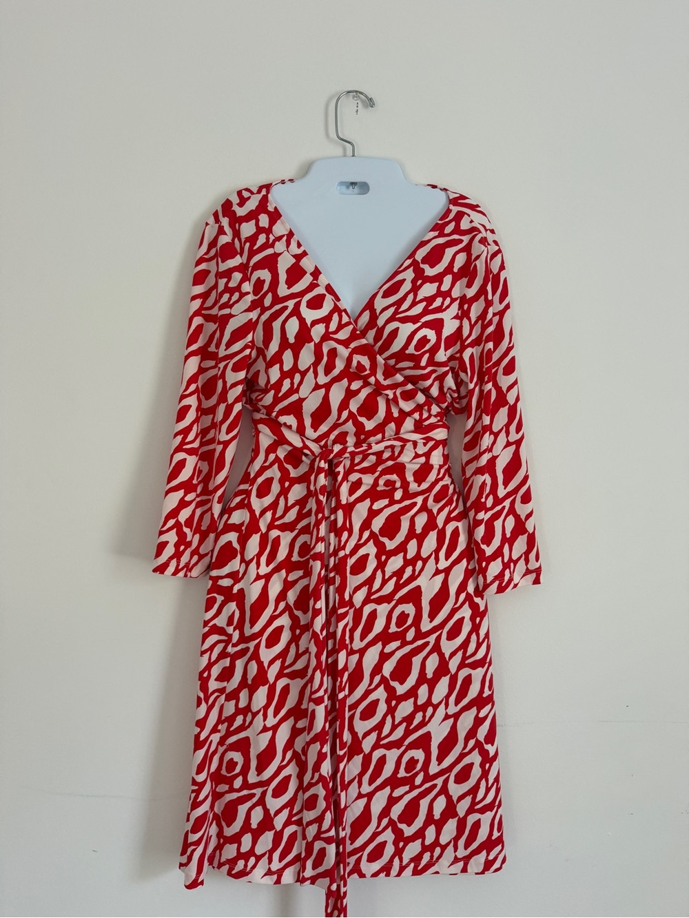Tahari Red and Cream Wrap Dress with Long Sleeves